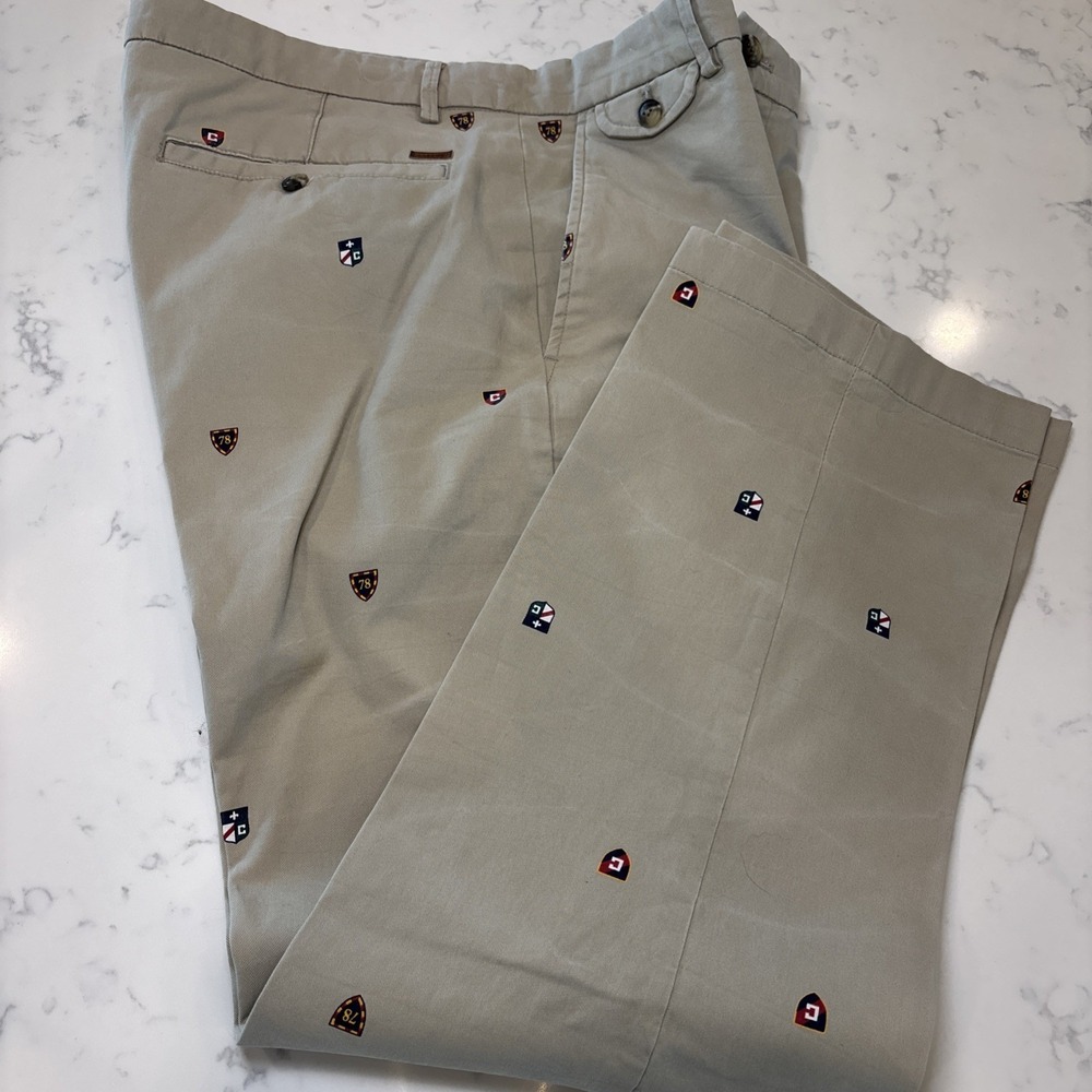 CHAPS Ralph Lauren Khaki Chinos Crest Print SZ 36x30 Preppy Professor Classy New